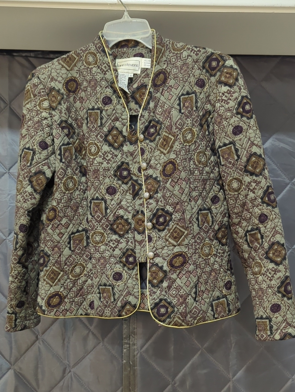 Karin Stevens Quilted Geometric Print Light Jacket iSage Green, Gold, Browns